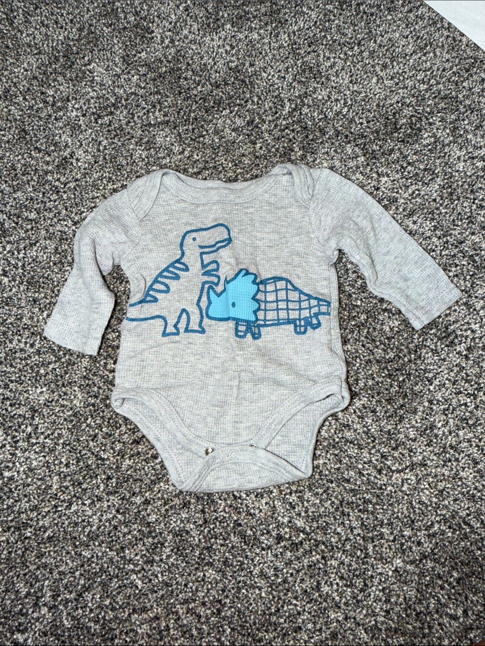 Gray Long-Sleeve Dino One-Piece Bodysuit with Blue Appliqué